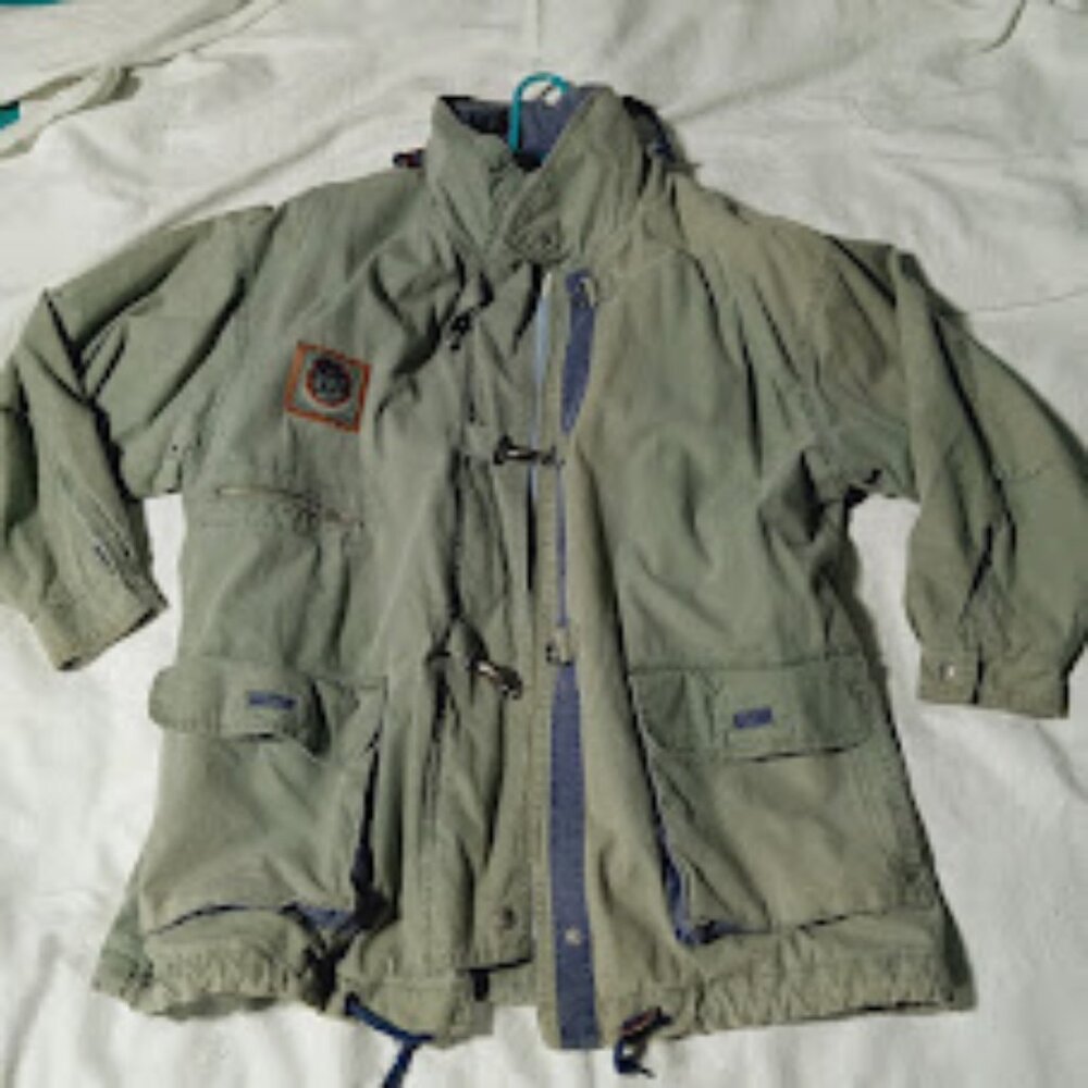 vintage Olive green canvas Collared jacket toggle Buttons Patches